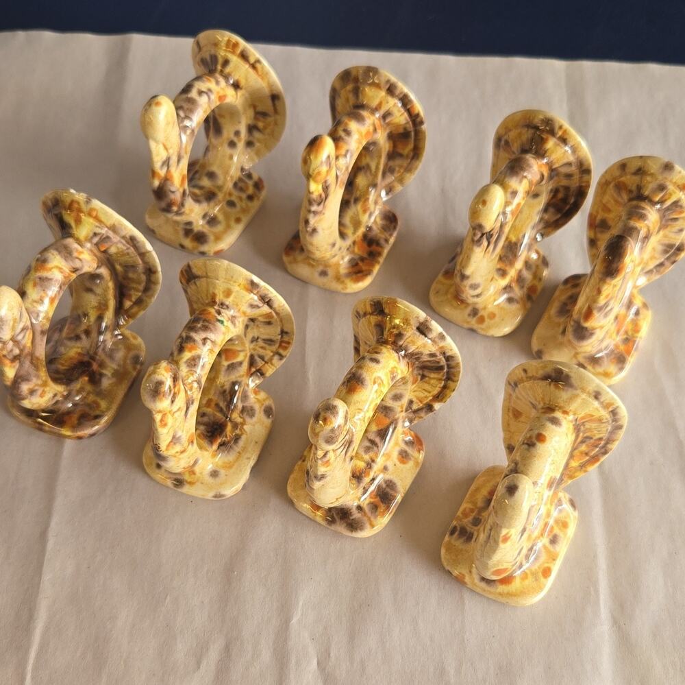 Hand Painted Speckled Ceramic Giraffe Napkin Rings Beige Brown Set of 8
